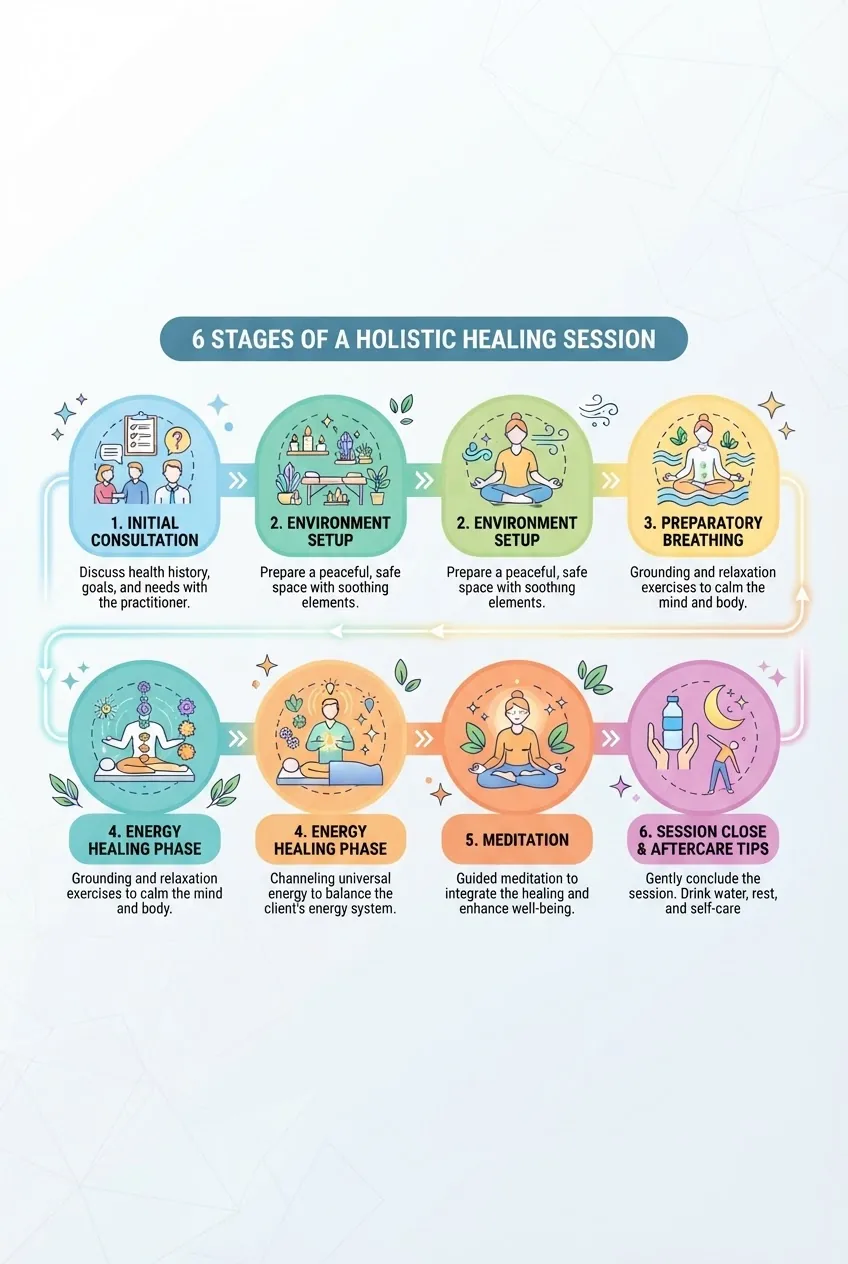 shows 6 stages of a holistic healing session: initial consultation, environment setup, preparatory breathing, energy healing phase,