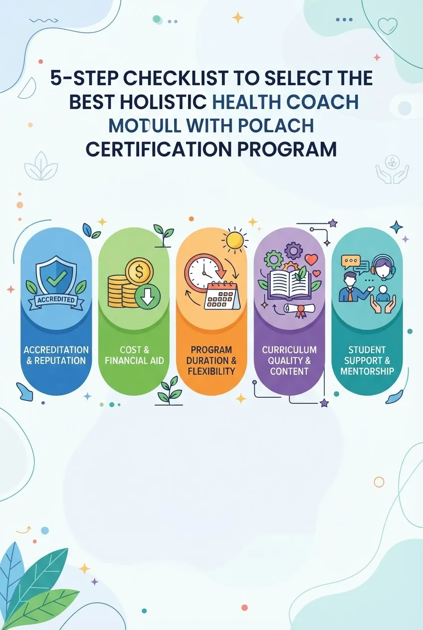 outlines a 5-step checklist to select the best holistic health coach certification program, showing icons for accreditation, cost,