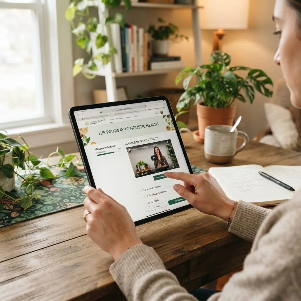 close-up of hands using a digital tablet showing a holistic health certification course website, with a cozy home office background softly