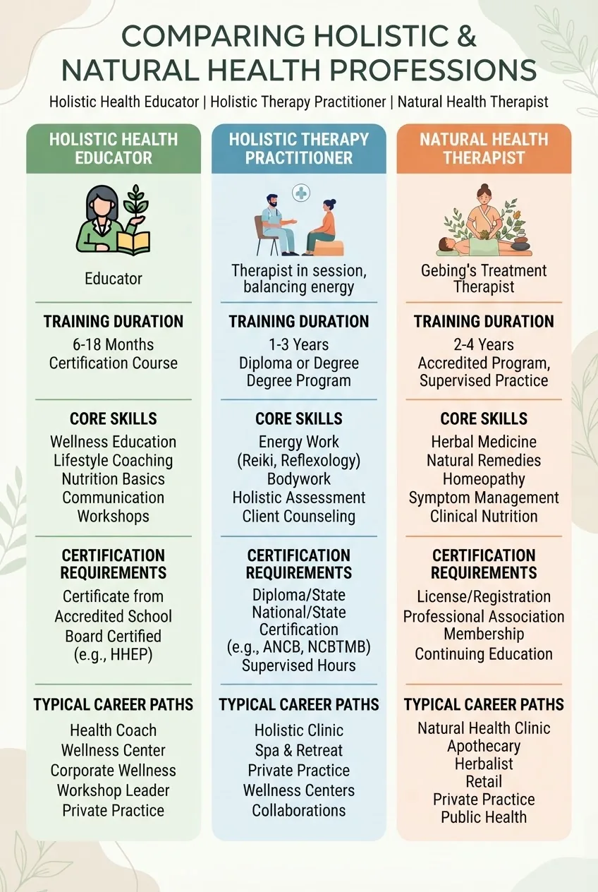 compares Holistic Health Educator, Holistic Therapy Practitioner, and Natural Health Therapist in three columns; each column shows an icon,