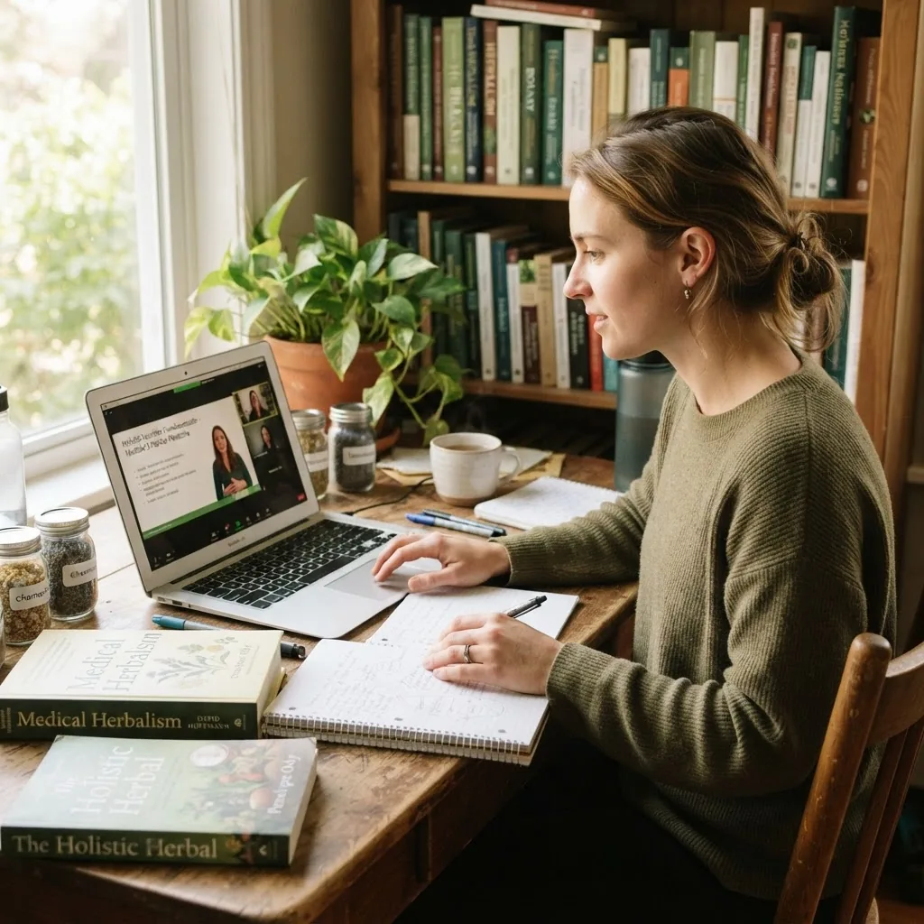 A student attending an online holistic health practitioner certification program on a laptop at home, surrounded by study materials and