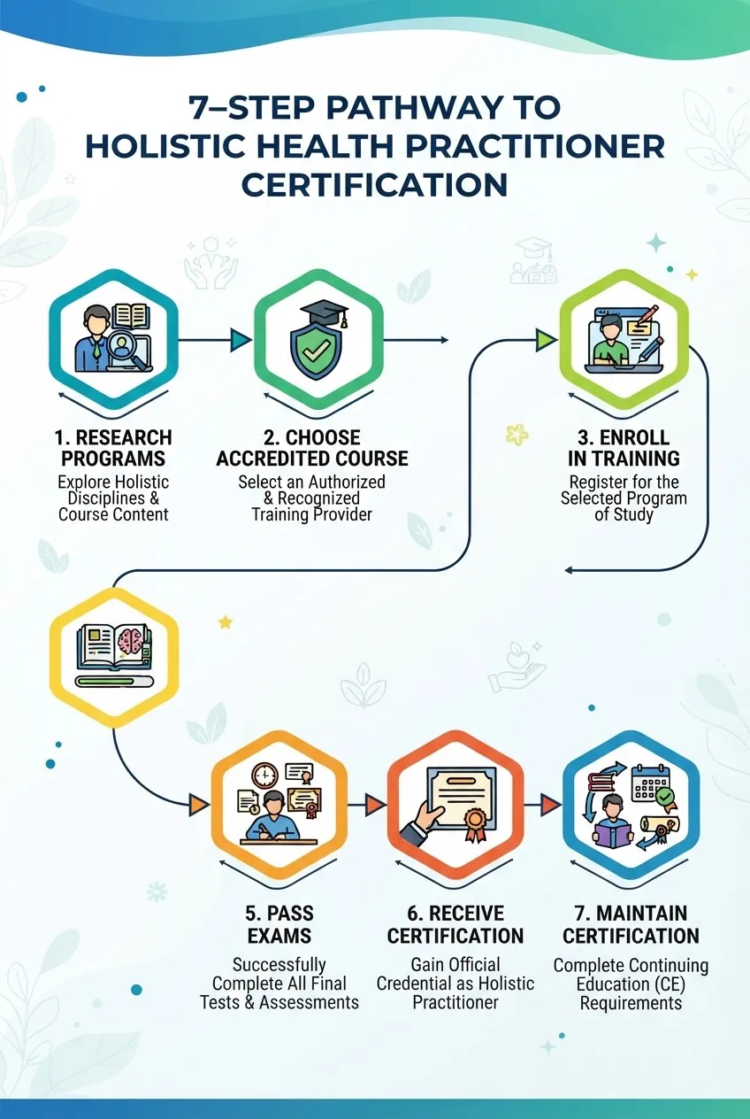 illustrates a 7-step pathway to holistic health practitioner certification, featuring icons and concise labels for each step: research