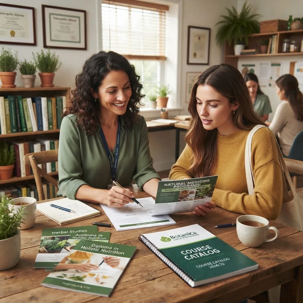 an educational counselor advising a prospective student, with brochures and course materials on natural medicine spread on a table, warm