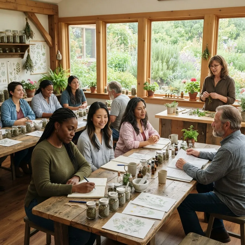 a serene classroom setting showing diverse adult students in a nature-inspired learning environment, with herbal plants visible through