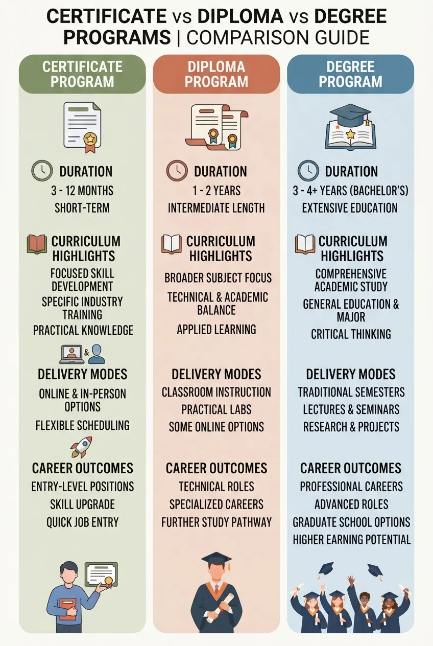shows a three-column comparison layout for Certificate, Diploma, and Degree programs; include icons for each program type, duration,