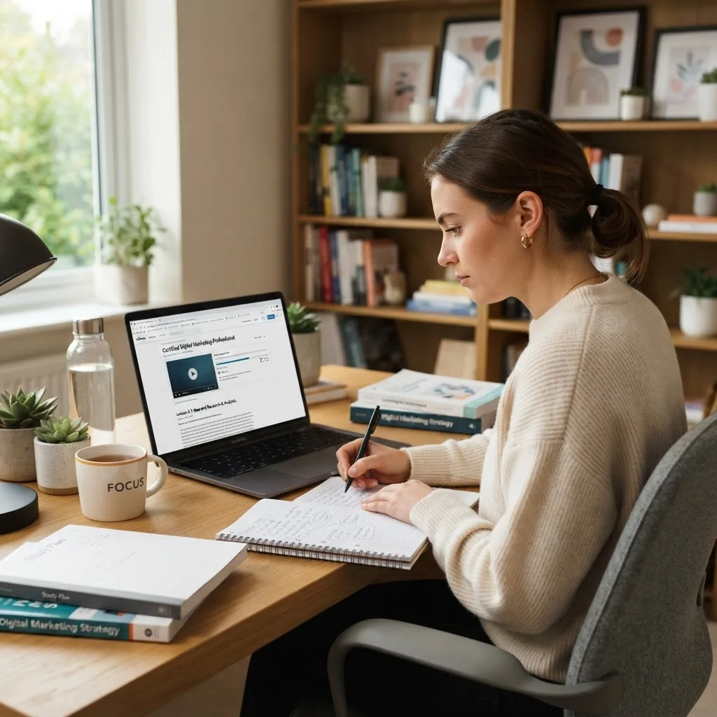 A focused student studying at a desk with online certification materials visible on a laptop screen, cozy home-office setting, daylight,