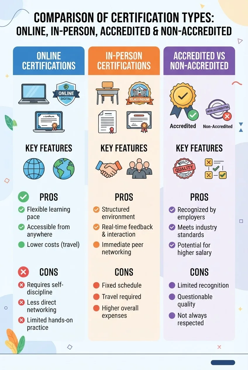A three-column infographic comparing: Online Certifications, In-Person Certifications, Accredited vs Non-Accredited, each column with icons