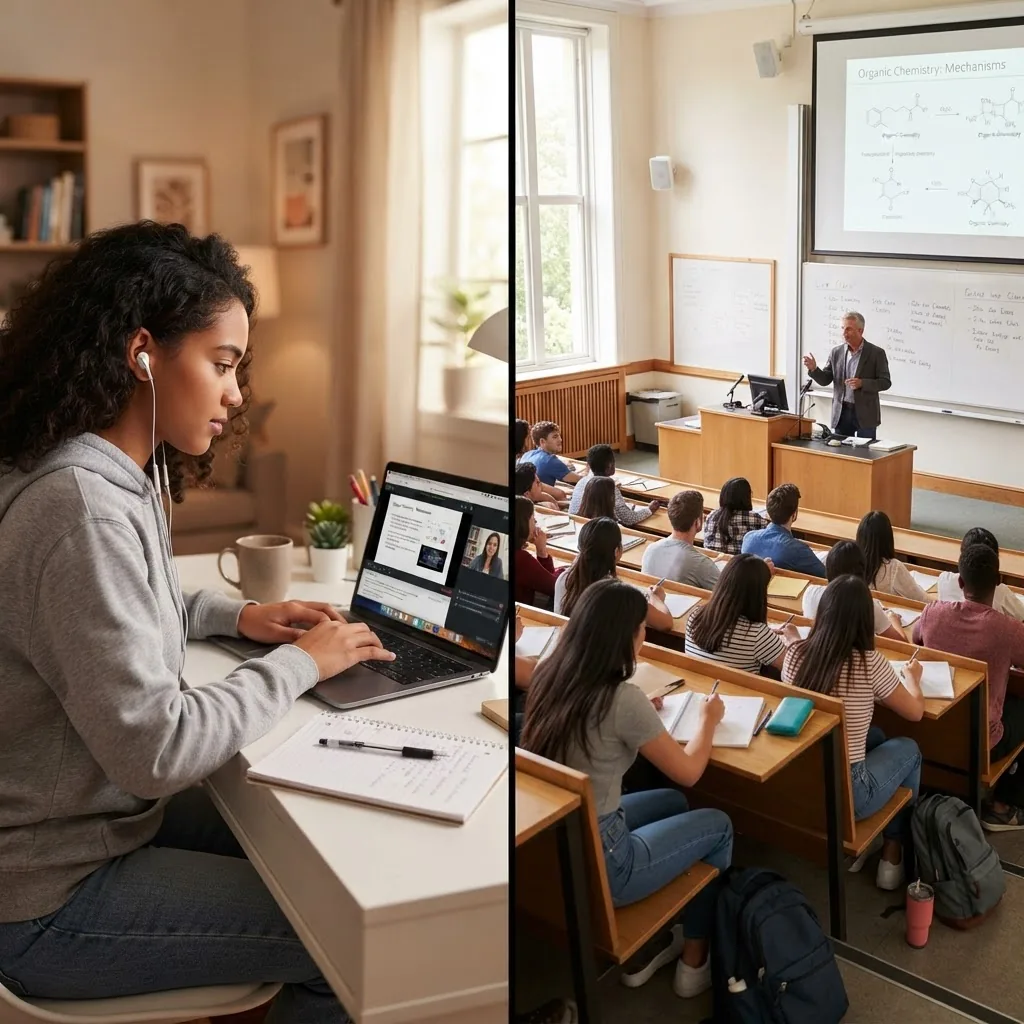 a modern student studying on a laptop at home with earphones on the left, and a traditional on-campus classroom with a professor lecturing