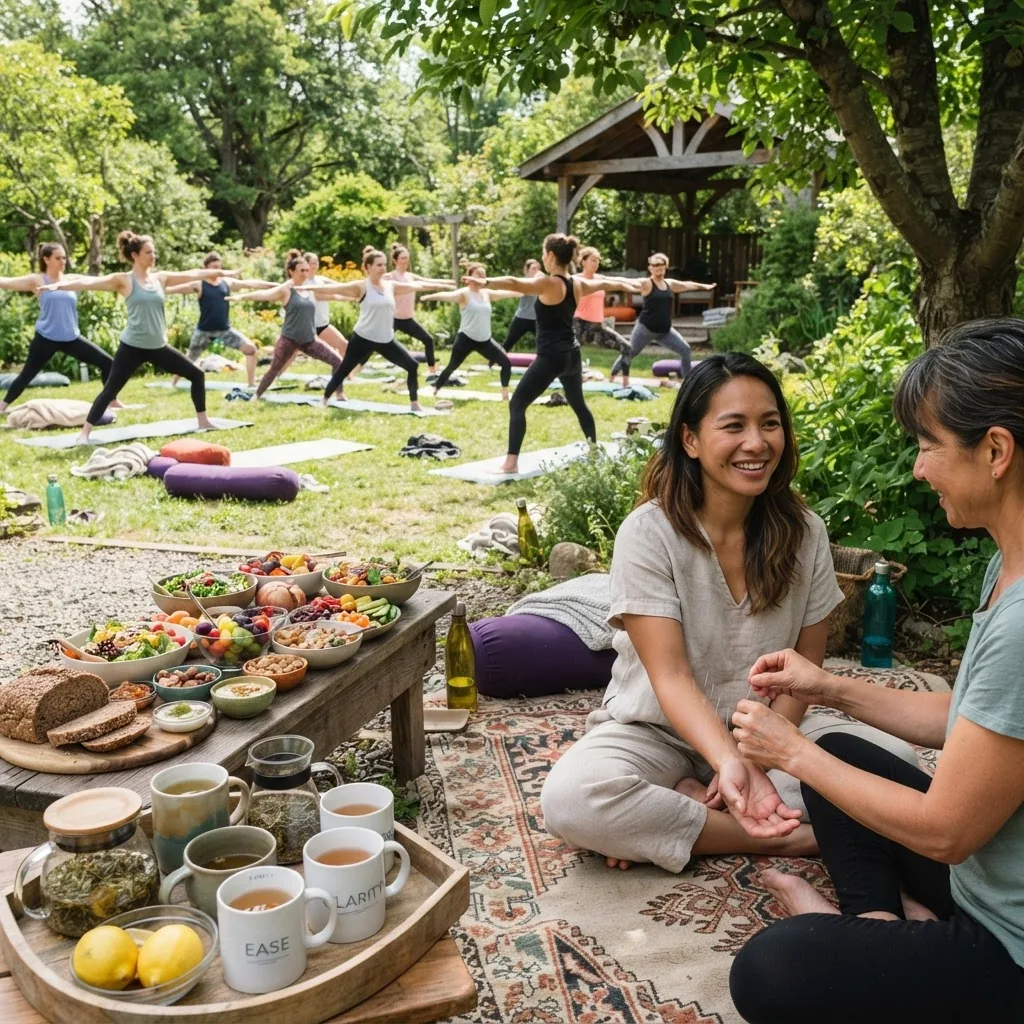 A holistic wellness scene with a diverse group of people practicing yoga outdoors, healthy food spread nearby, herbal teas, and acupuncture