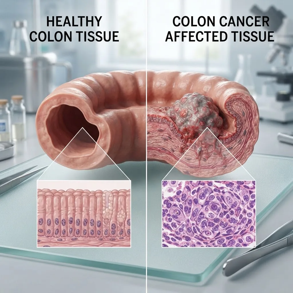 Close-up medical illustration of a healthy vs. cancer-affected colon section, showing cellular differences, in a clean clinical setting,