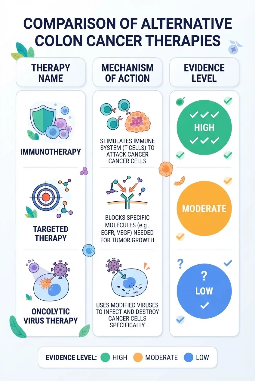 A three-column infographic comparing alternative colon cancer treatments; columns show therapy name, brief mechanism of action icon, and