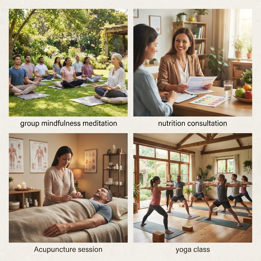 A collage of diverse therapeutic activities in a holistic mental health setting, including group mindfulness meditation outdoors, a
