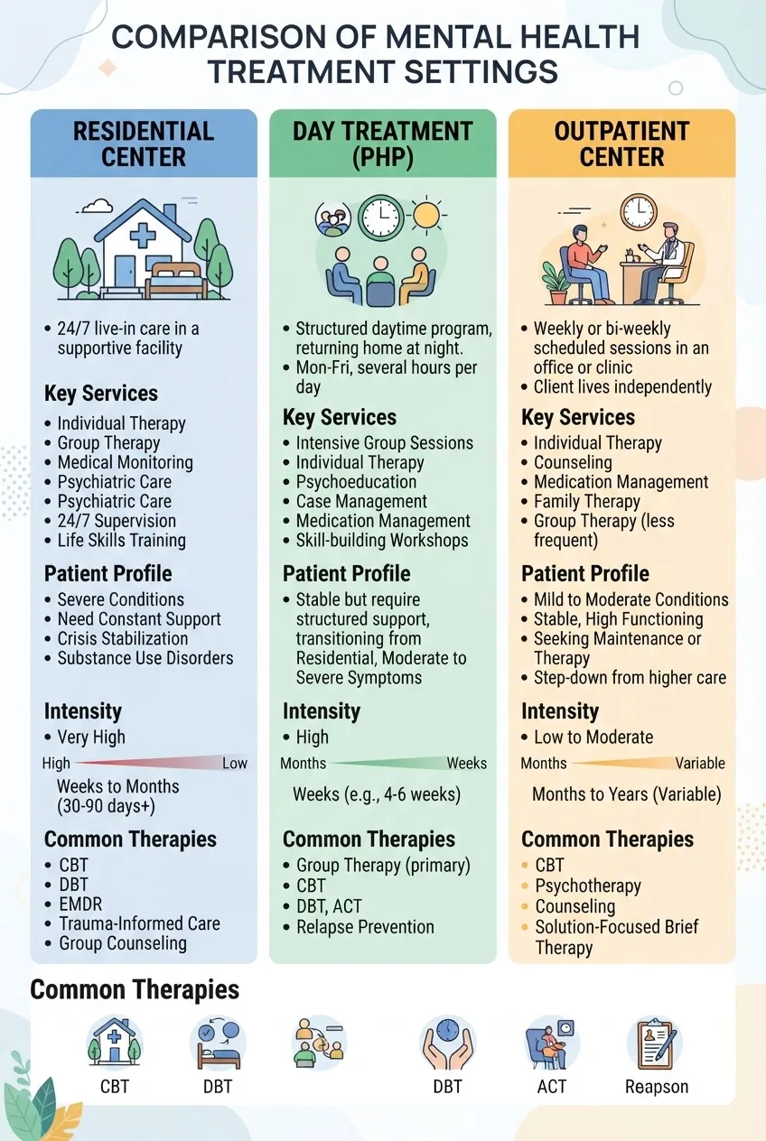 A visually clean infographic with three columns representing Residential, Outpatient, and Day Treatment centers, each column featuring an