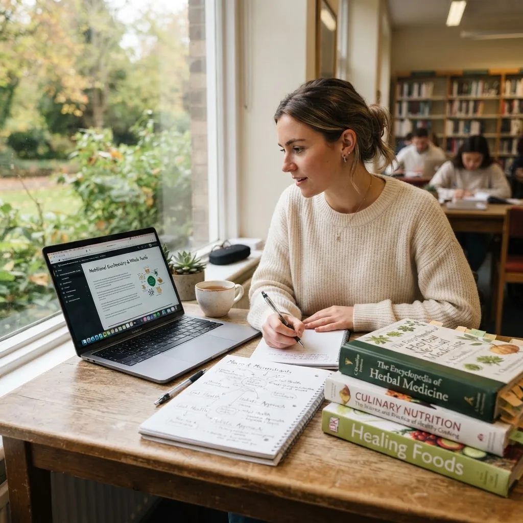 An educational setting with a student studying holistic nutrition course material on a laptop with notebooks and botanical textbooks