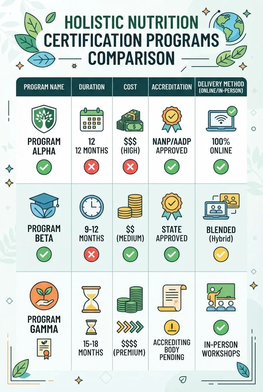 A clean infographic with a 3-column layout comparing holistic nutrition certification programs: columns show Program Name, Duration, Cost,
