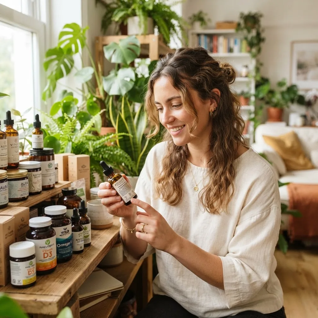 A serene scene showing a person examining labels on organic skincare products and supplements in a clean, bright home setting with plants