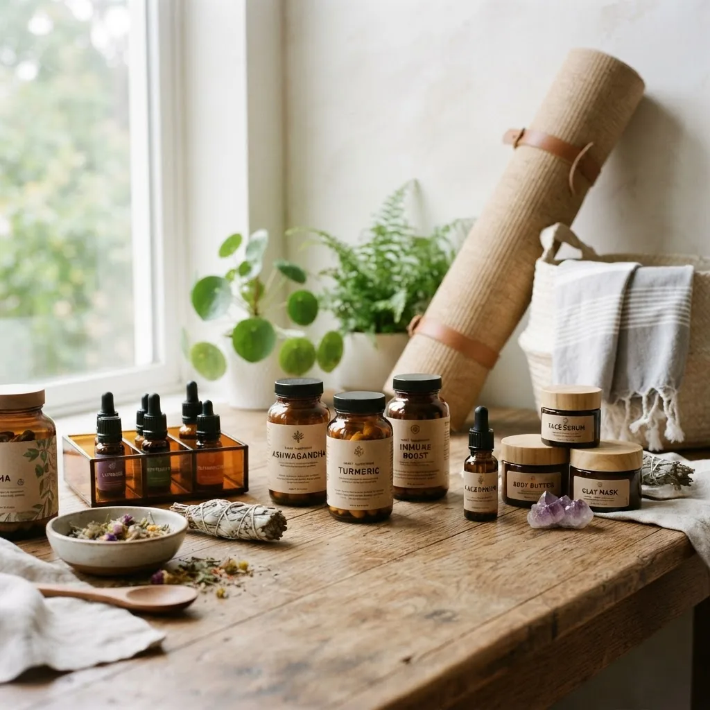 A well-lit, close shot of an assortment of holistic health products including herbal supplement bottles, essential oil vials, natural