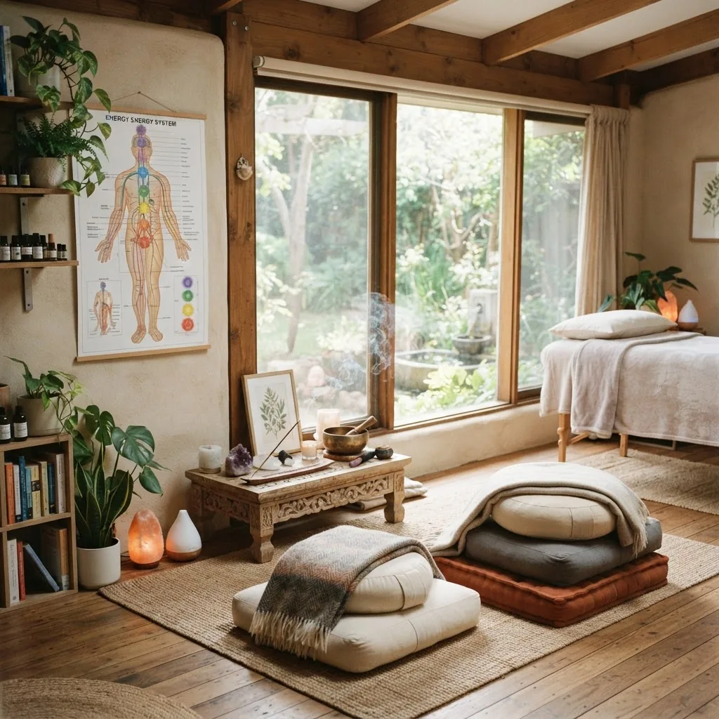 serene wellness therapy room showing elements of holistic practice: meditation cushions, soft natural lighting, incense, and a model of the