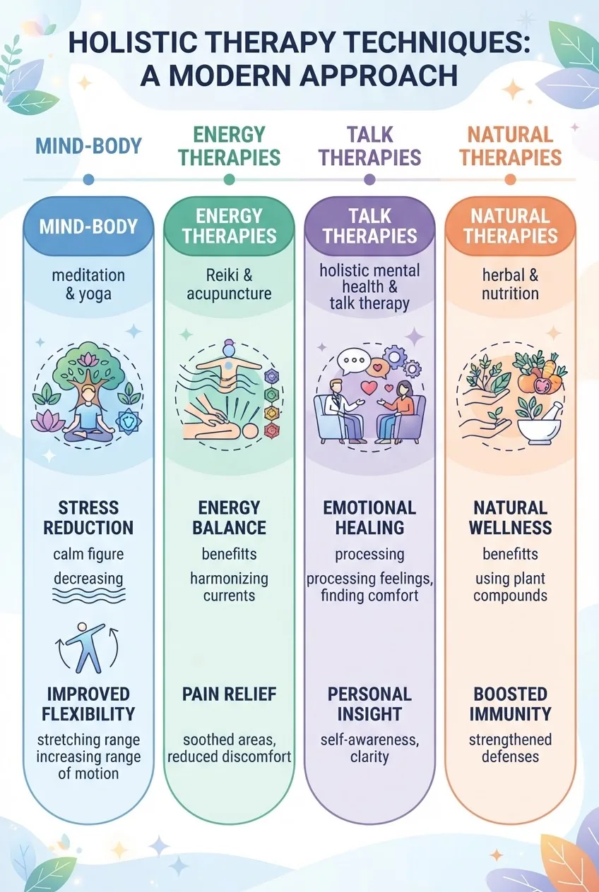 with 4 columns representing main holistic therapy techniques: Mind-Body (meditation & yoga), Energy Therapies (Reiki & acupuncture), Talk