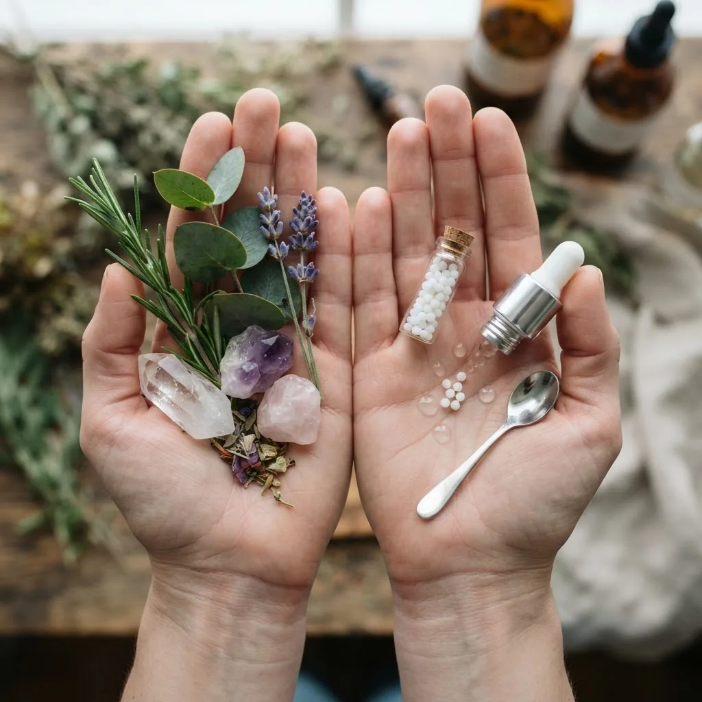 two open hands each holding natural symbols, one with green leaves and crystals (representing holistic medicine), the other with tiny