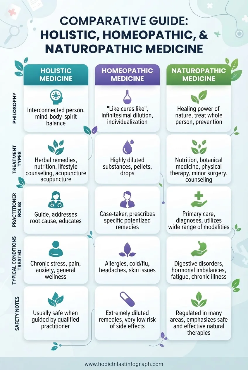 comparing Holistic, Homeopathic, and Naturopathic medicine side by side: each column features icons representing philosophy, treatment