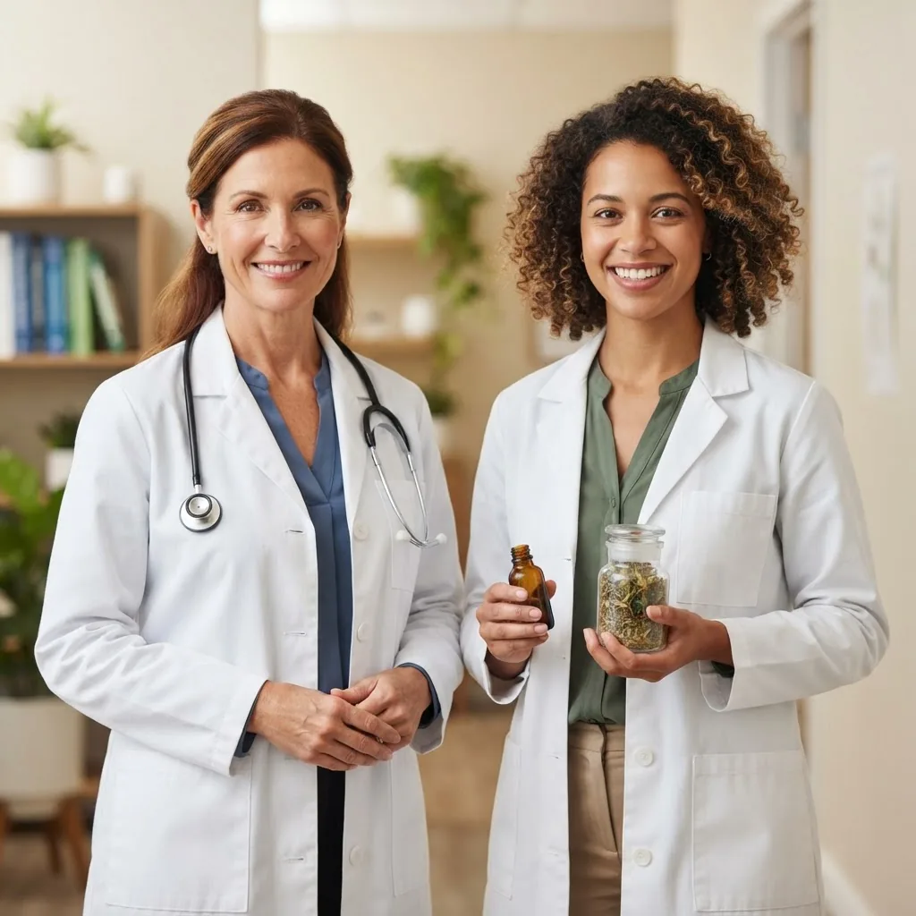 Side-by-side portraits of two practitioners in white coats, one with a stethoscope (traditional holistic medicine doctor), another holding