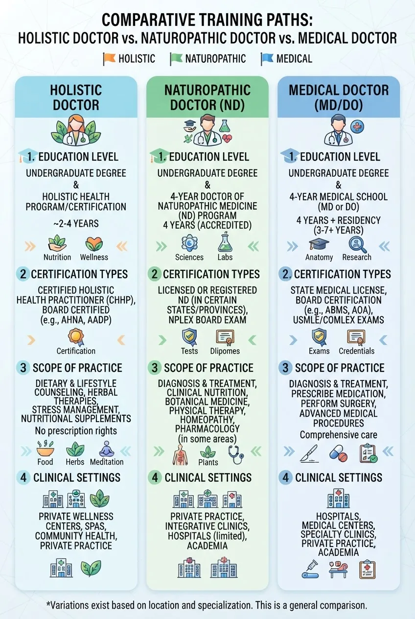 A three-column infographic comparing holistic doctor, naturopathic doctor, and medical doctor training paths; each column includes icons