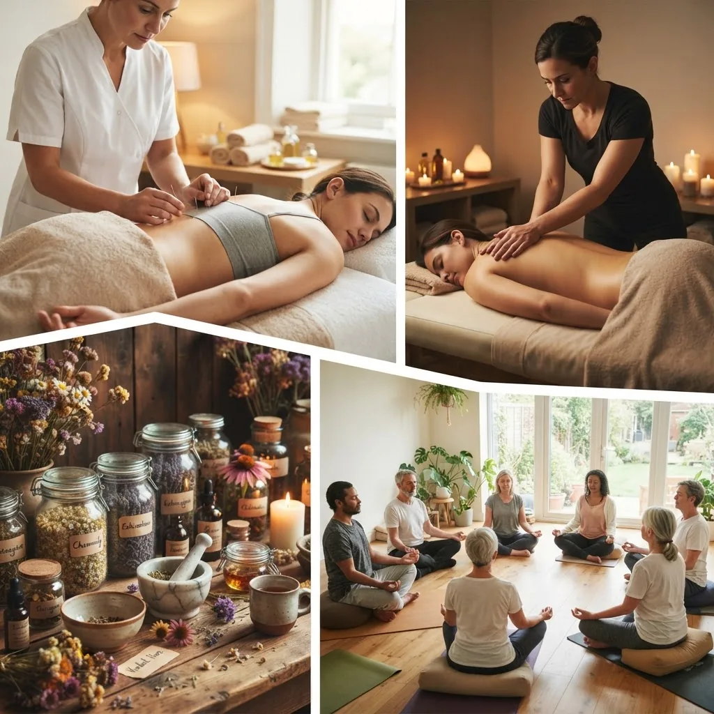 diverse holistic therapies in progress: acupuncture needles, a massage session, herbal remedies on a wooden table, and a meditation group