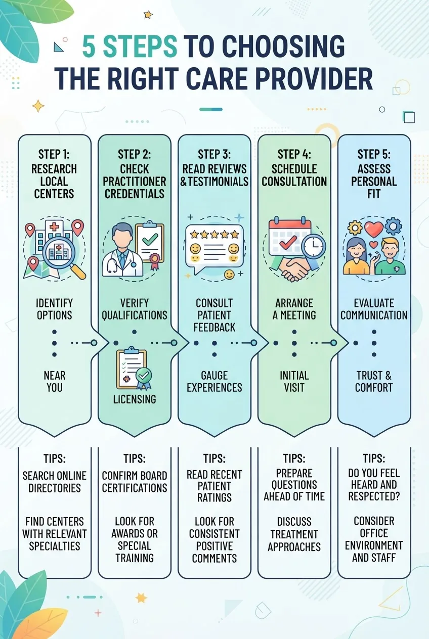 Step-by-step visual flowchart infographic showing 5 stages: research local centers, check practitioner credentials, read