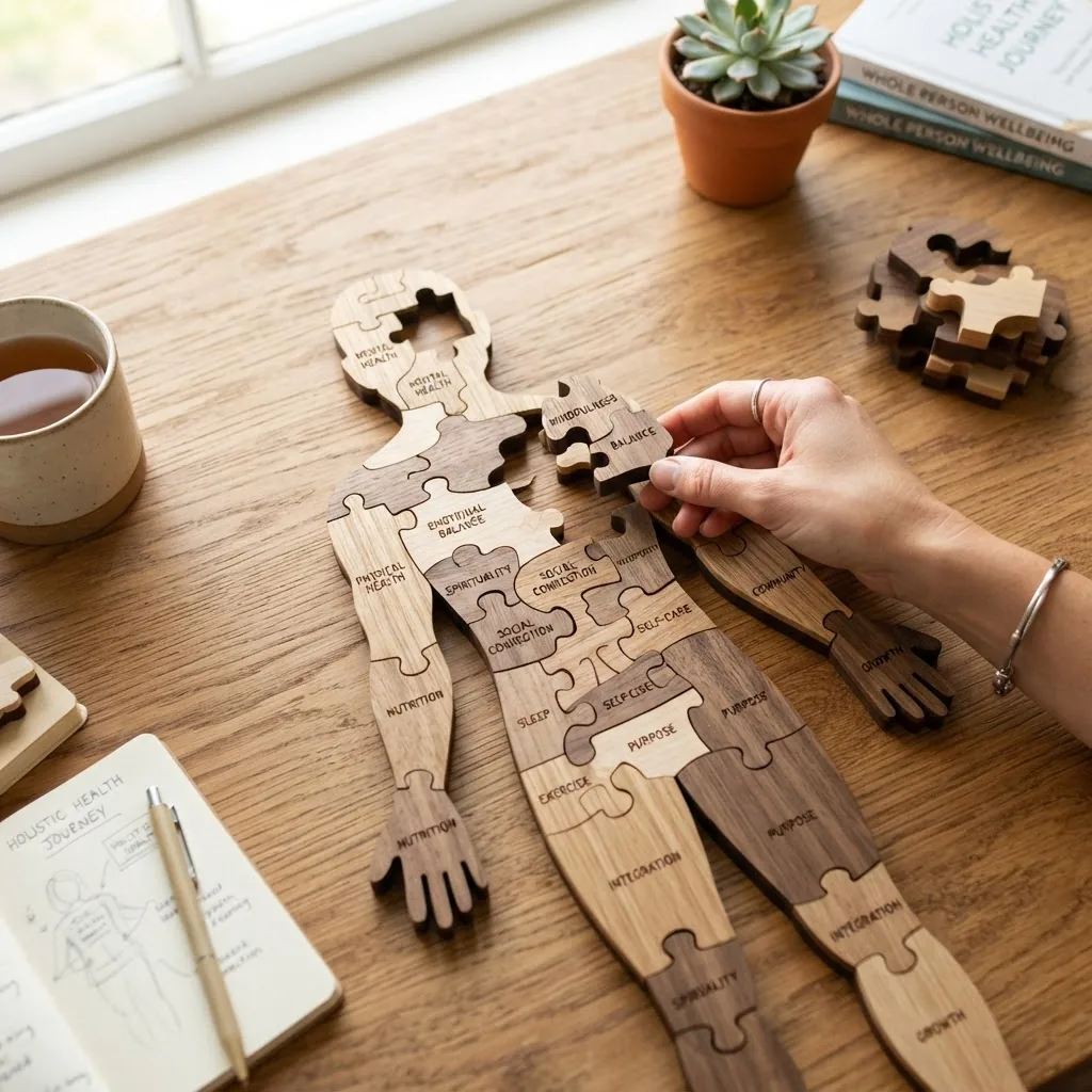Overhead shot of a wooden puzzle assembled into a human silhouette, with some puzzle pieces being placed by a hand, symbolizing holistic