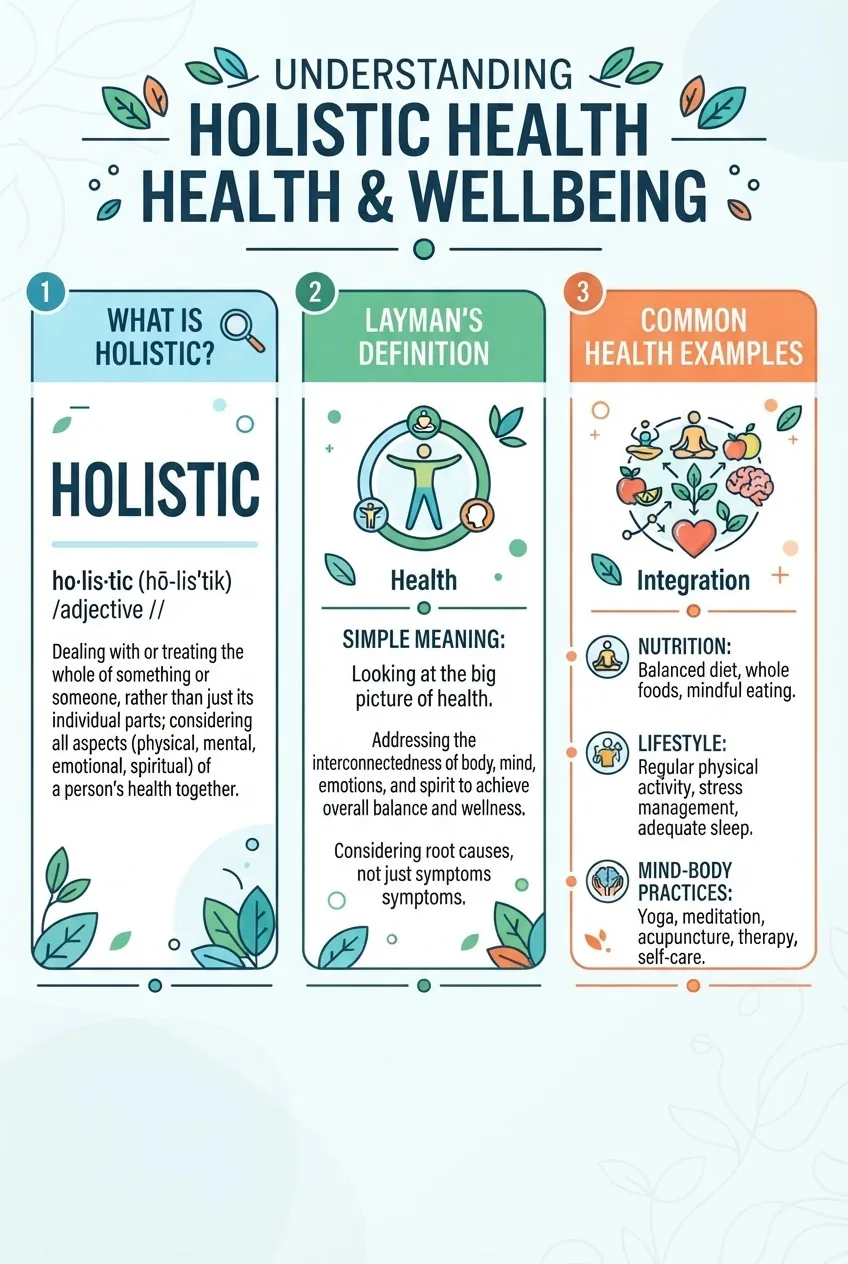 A clean, three-part infographic showing (1) the word "Holistic" with dictionary definition snippet, (2) a simple definition in layman’s