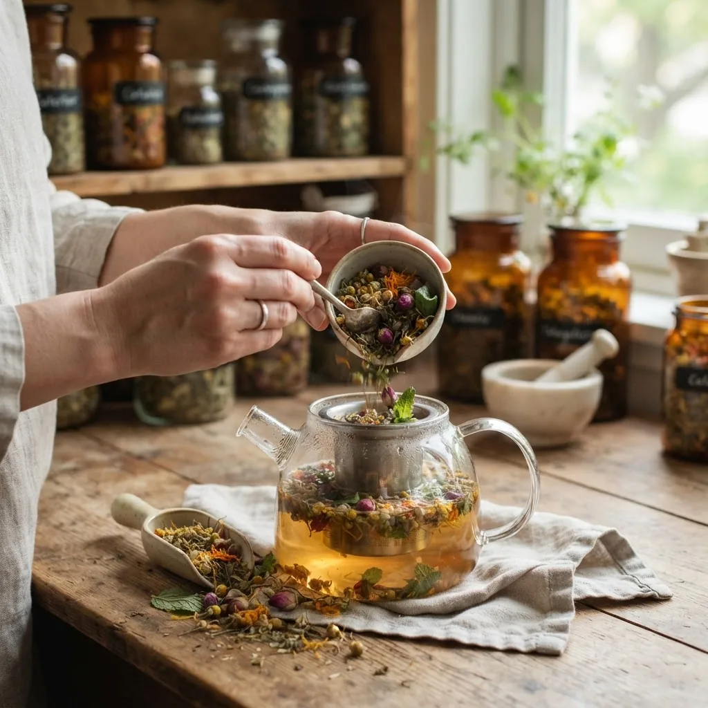 hands preparing a herbal infusion with dried flowers and leaves in a glass teapot, natural sunlight, soft focus background with healing
