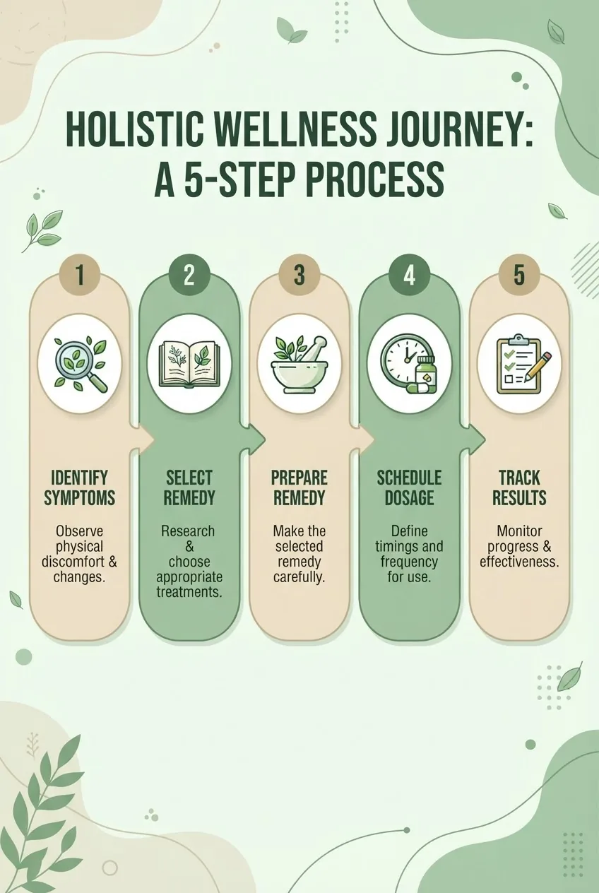 shows a 5-step process: 1) Identify symptoms (icon: magnifying glass), 2) Select remedy (icon: book), 3) Prepare remedy (icon: mortar and