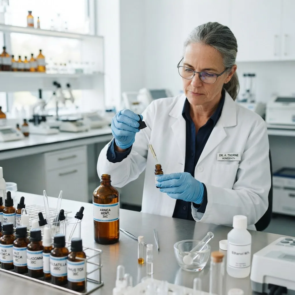 close-up of a homeopathic medical doctor wearing a white coat preparing homeopathic remedies in a clean, well-lit medical lab, bottles and
