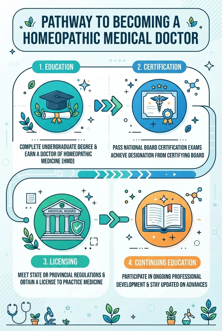 shows a step-by-step pathway of becoming a homeopathic medical doctor: education, certification, licensing, continuing education, with