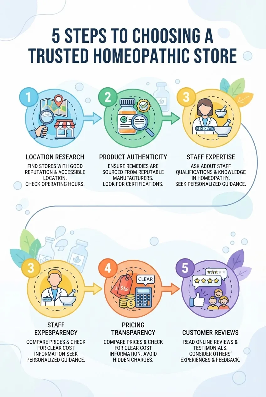 An infographic layout with five sequential steps to choosing a trusted homeopathic store: icons for location research, product