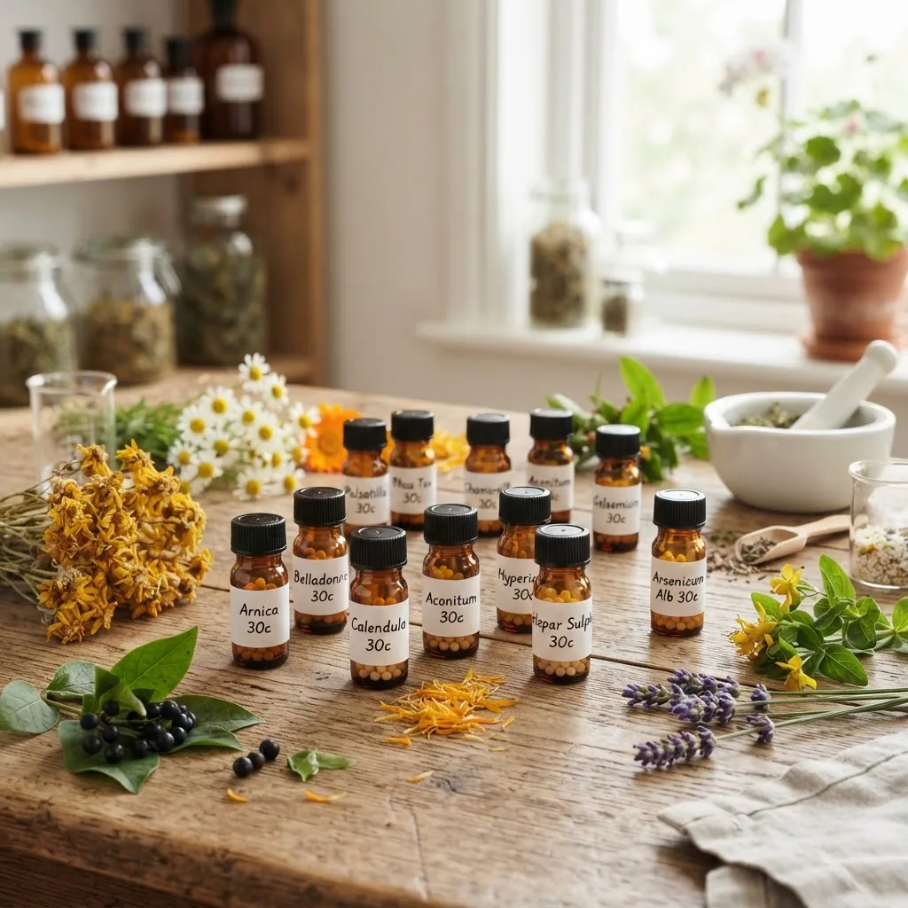 High-resolution photograph of several small, labeled glass vials containing homeopathic remedies on a natural wooden table, surrounded by
