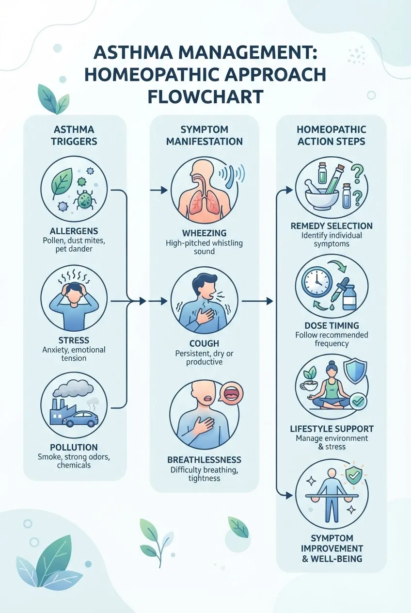 Infographic displaying a flowchart showing asthma triggers on left (allergens, stress, pollution), middle section detailing symptom