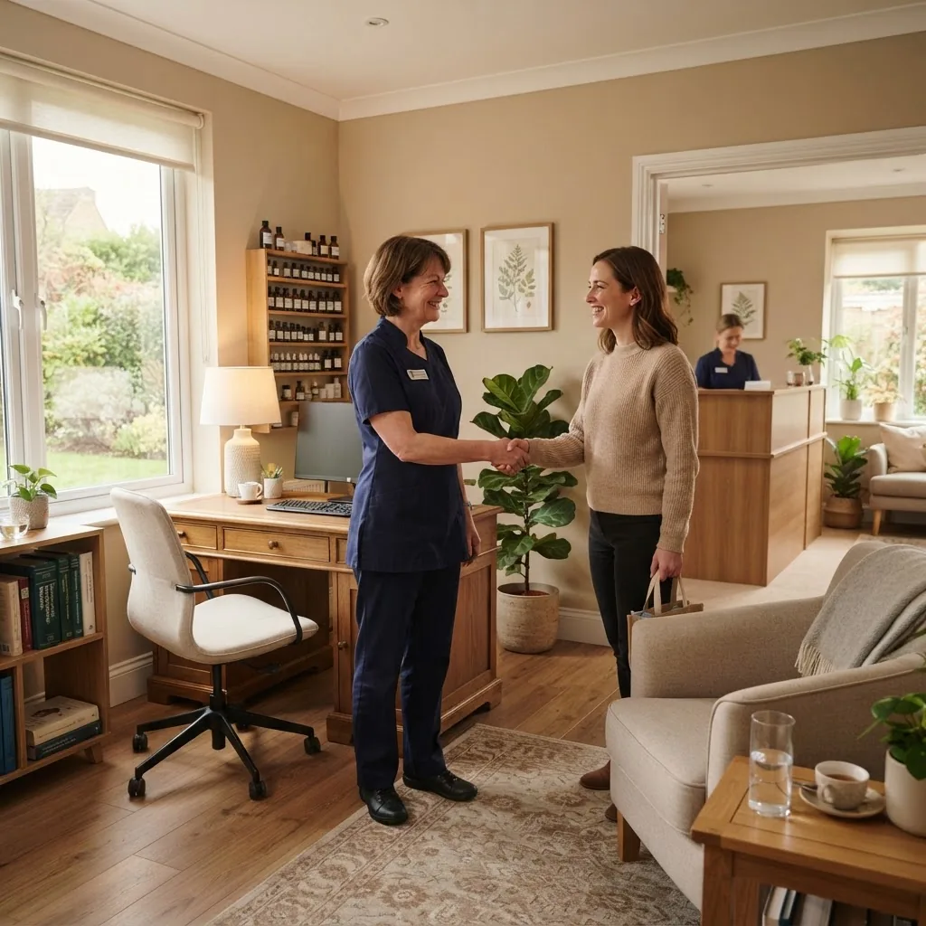 welcoming homeopathic clinic reception area with a smiling practitioner greeting a patient in a calm, softly lit consultation room, natural