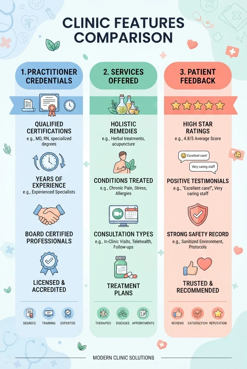 shows a three-column comparison infographic showing clinic features: Column 1: Practitioner Credentials (icons for certificates, years of