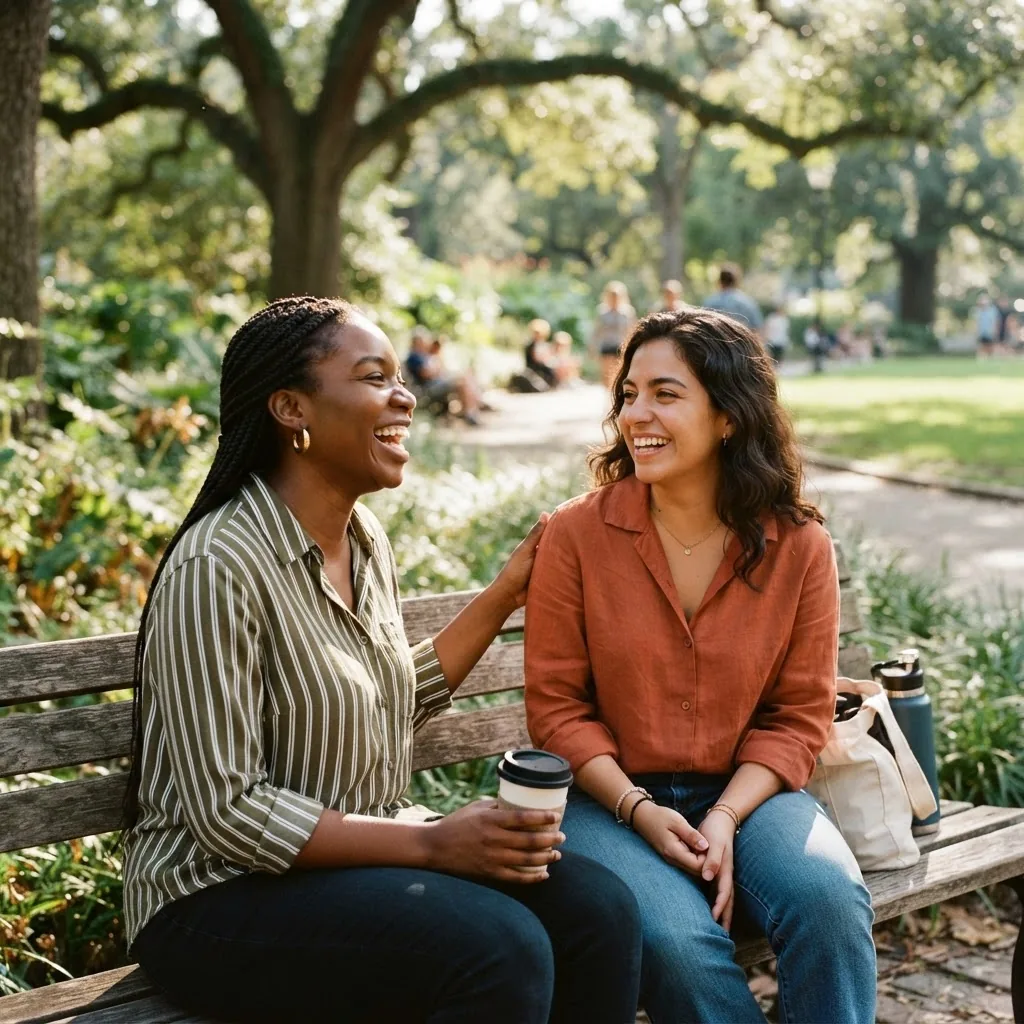 A warm photo of two diverse friends comfortably talking and laughing outdoors in a park during daytime, showing genuine social connection