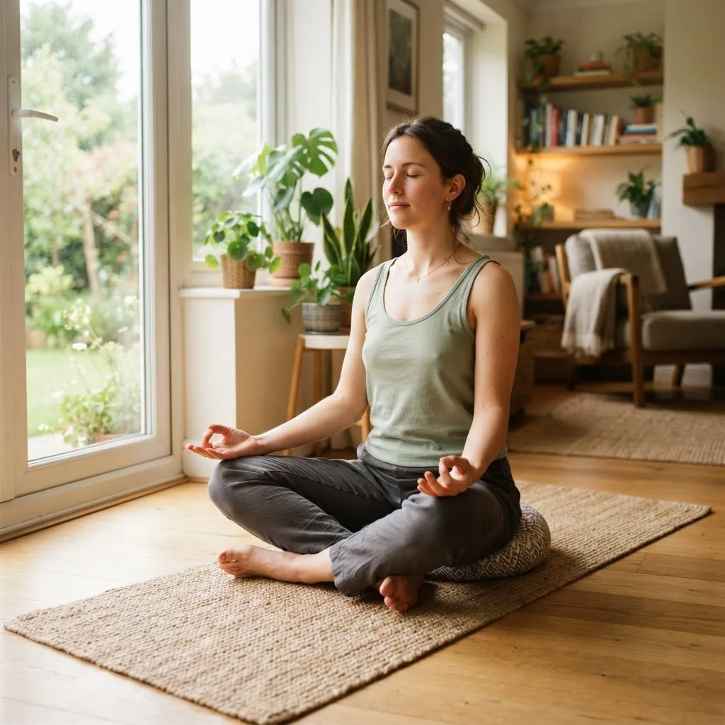 A bright, inviting photo of a young adult woman practicing mindfulness meditation in a sunny living room, sitting cross-legged on a yoga