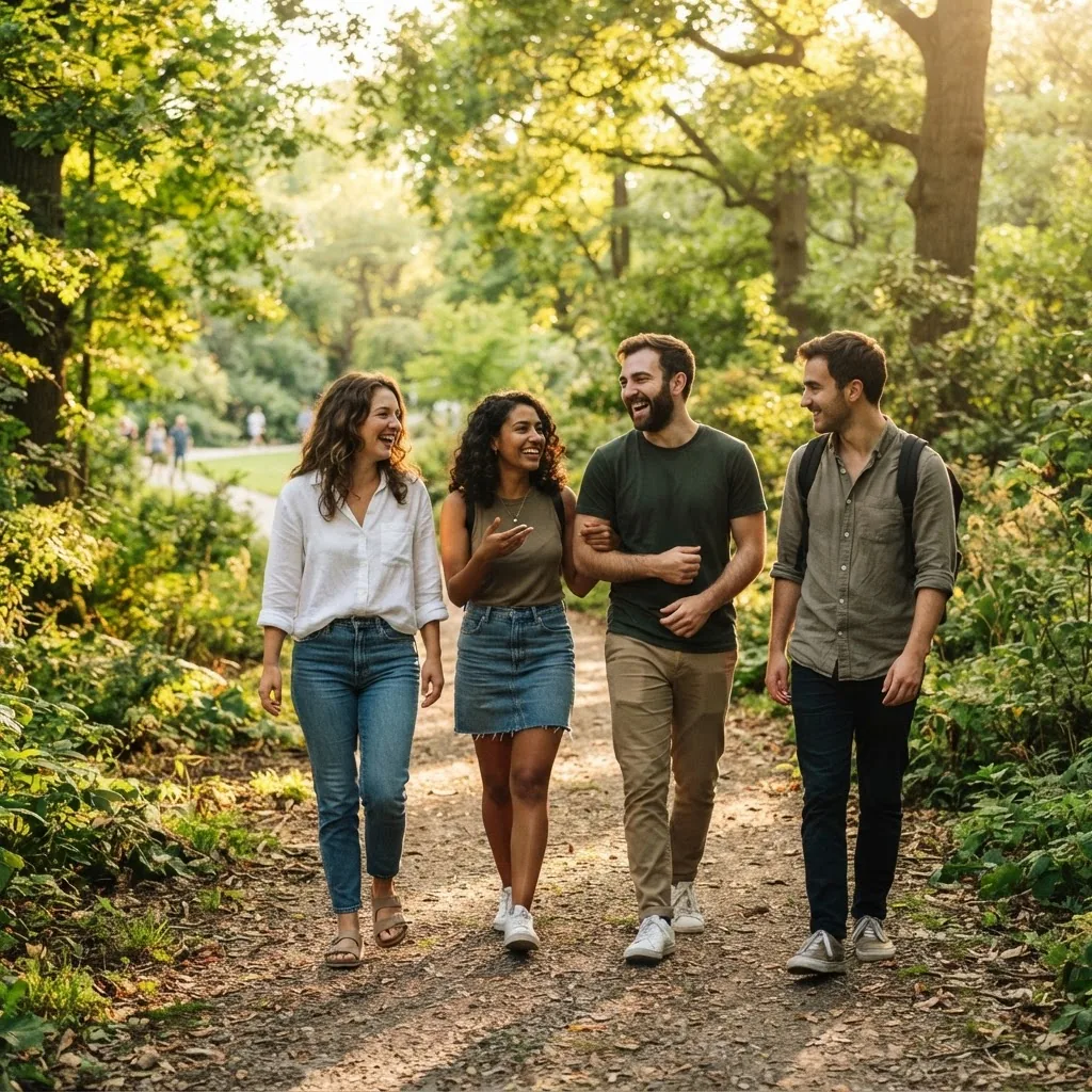 warm outdoor scene of a small group of friends walking and talking happily in a lush green park, sunlight filtering through trees, showing