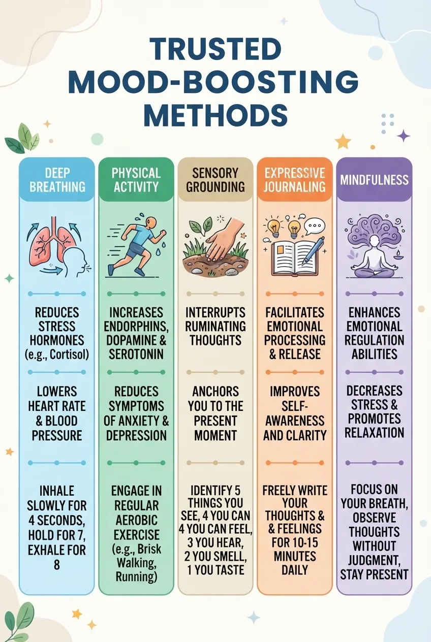with five columns each depicting a trusted mood-boosting method: deep breathing (icon of lungs), physical activity (running figure),