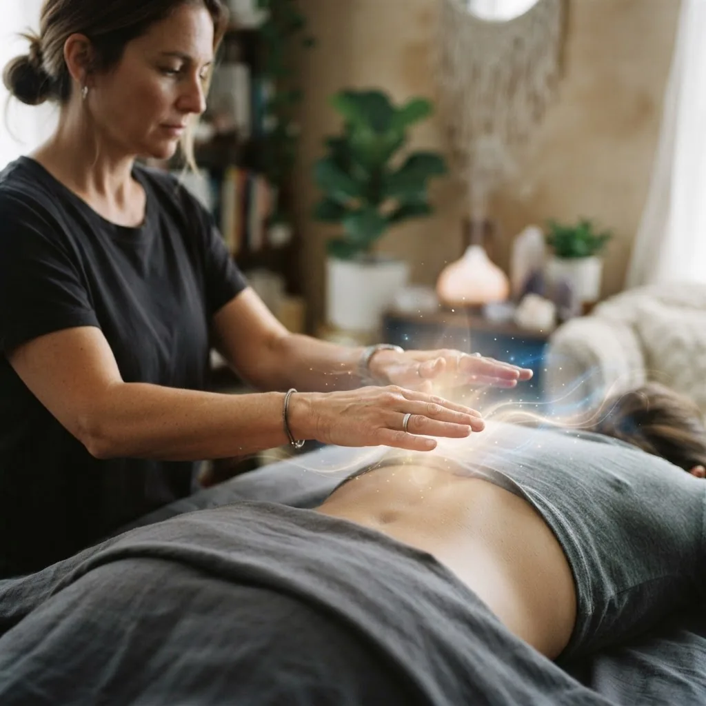 Close-up of a Reiki practitioner’s hands emitting subtle light or energy over a client’s back, emphasizing the intangible energy exchange