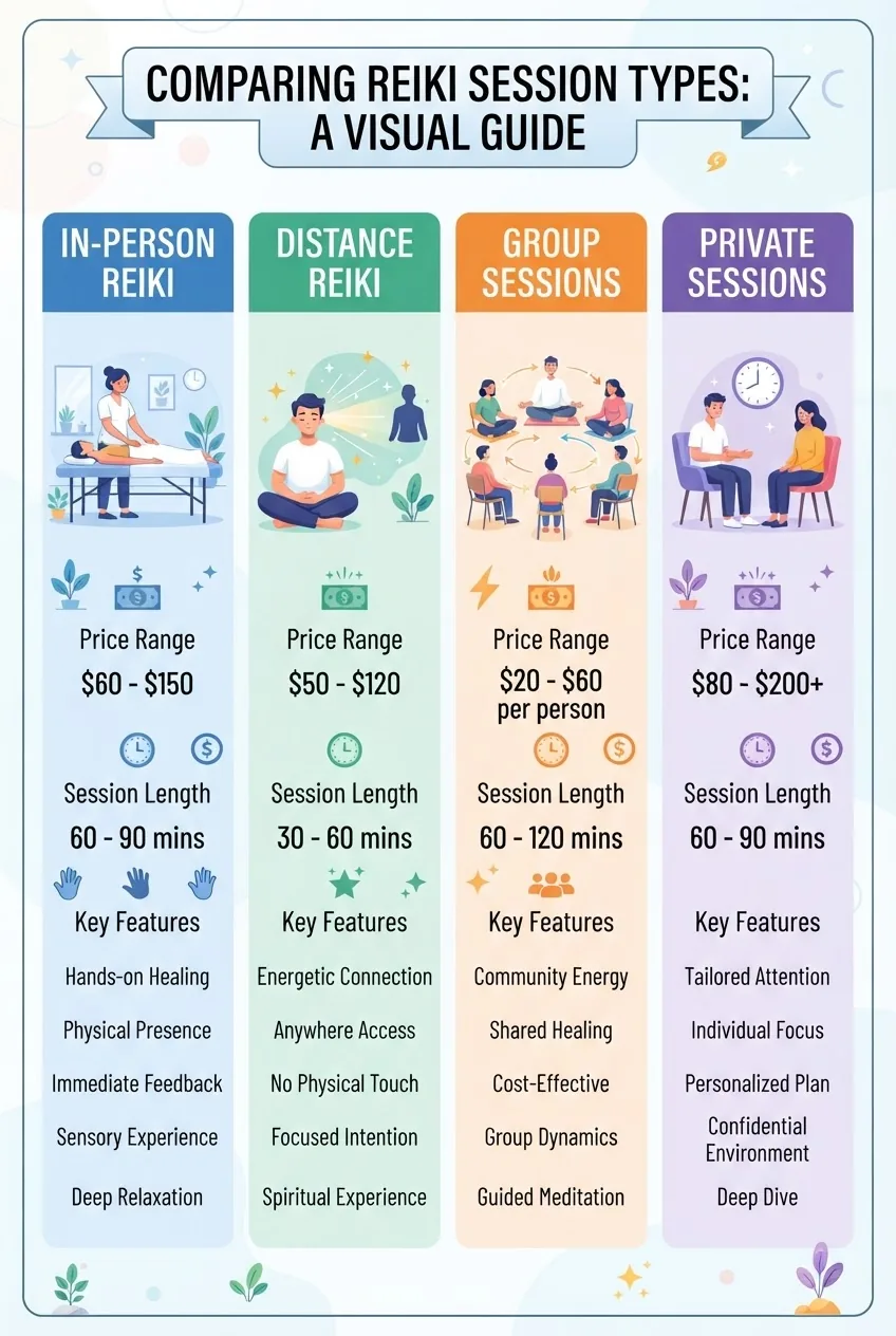 A clean, colourful infographic with a four-column layout comparing In-person Reiki, Distance Reiki, Group Sessions, and Private Sessions;