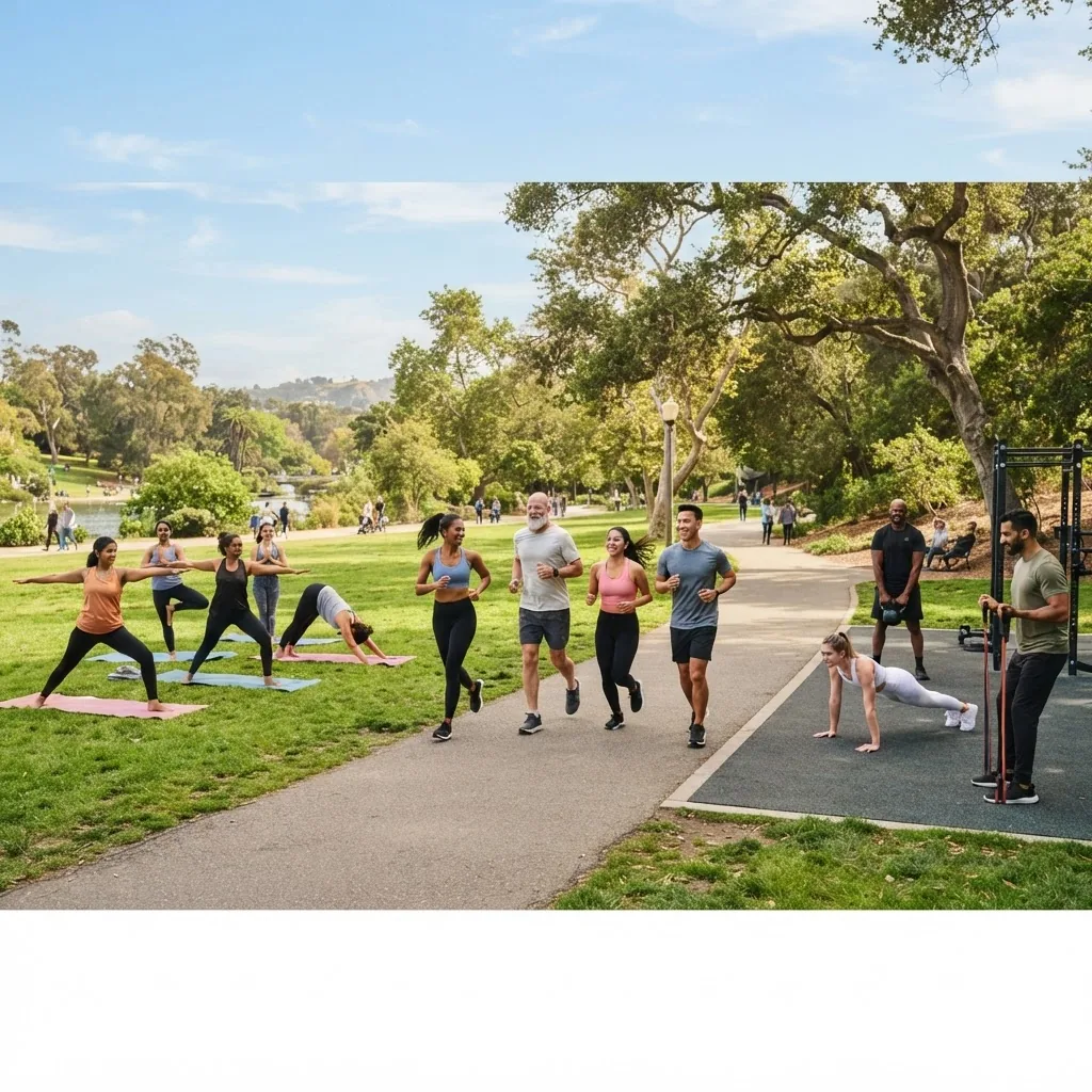 A vibrant outdoor scene of a diverse group of adults engaging in different forms of exercise, including jogging, yoga, and strength