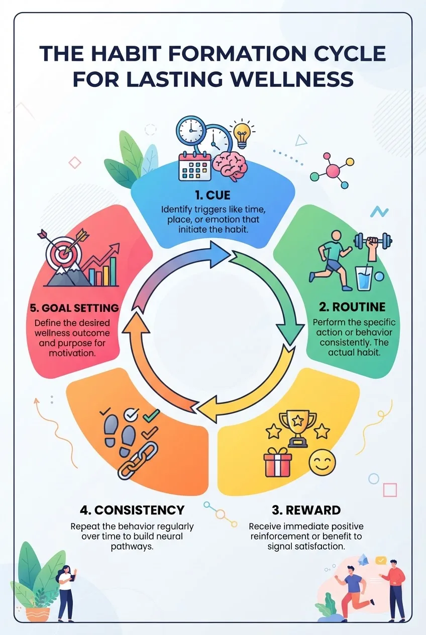 An infographic showing a five-step habit formation cycle arranged in a circular flow chart, each step with an icon: cue, routine, reward,