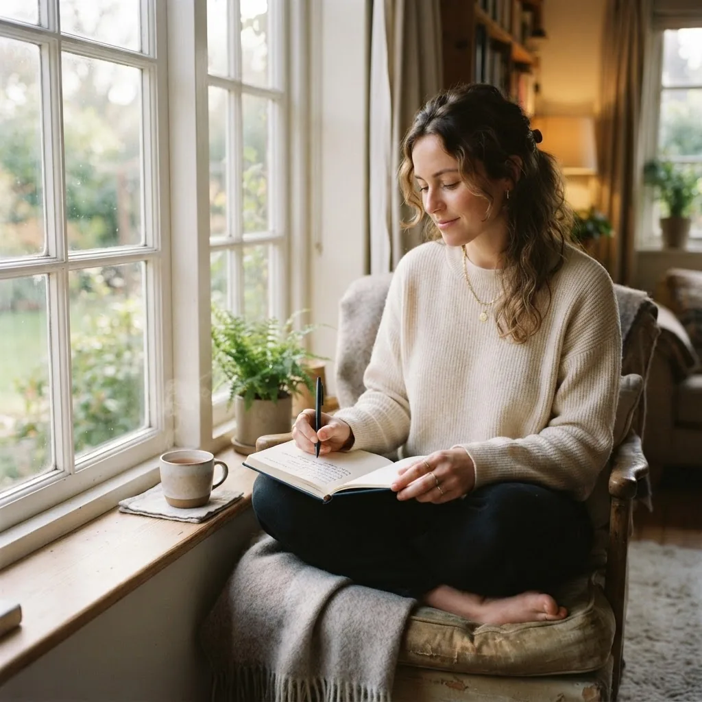 a warm, inviting morning scene showing a person sitting by a window with a gratitude journal and pen in hand, natural soft light