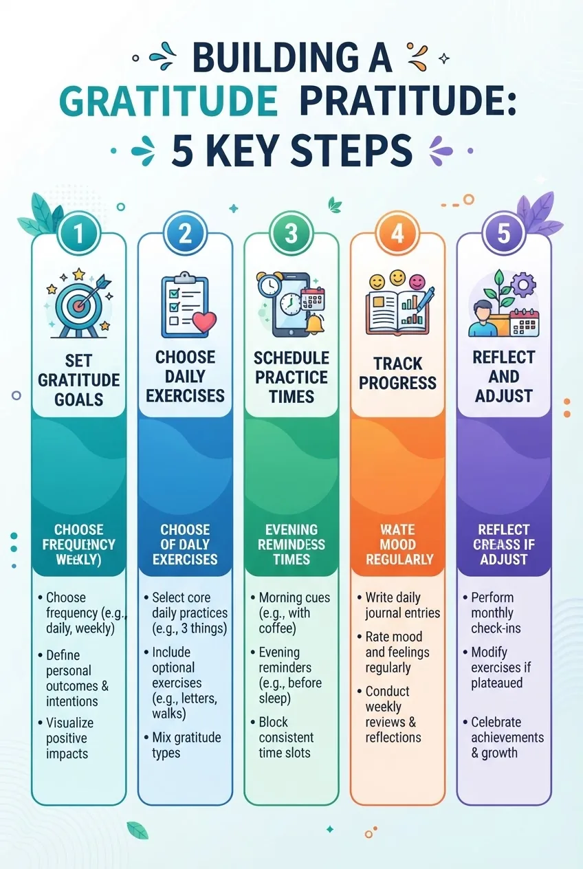 shows five vertical sections with icons and short bullets: (1) Set gratitude goals — choose frequency and outcomes; (2) Choose daily